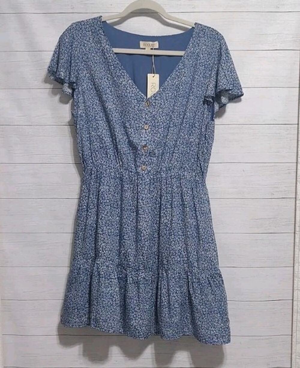 ROOLEE Blue Floral Mini Dress Women's Size Large Flutter Sleeve Tiered NWT
